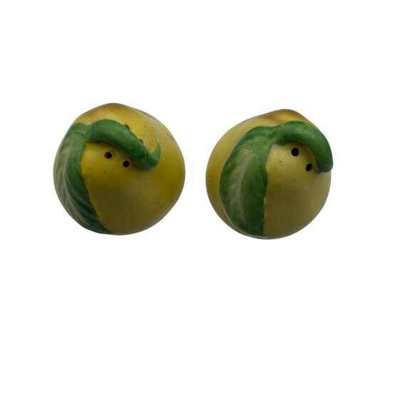 Vintage Ceramic Yellow Pear Salt & Pepper Shaker Set With Green Leaf Design - Picture 2 of 4